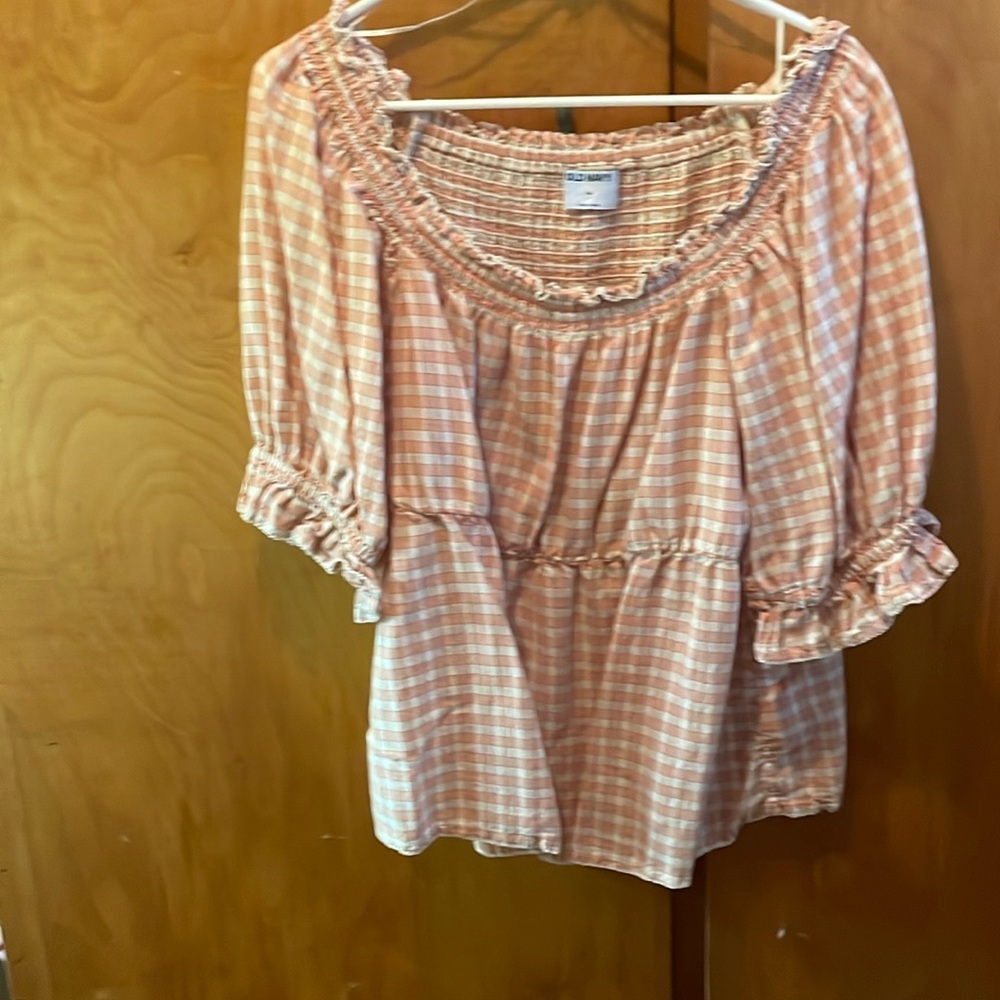 Peach and tan plaid top